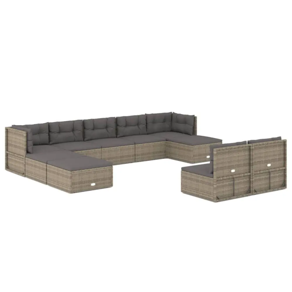 10 Piece Gray Poly Rattan Patio Lounge Set Cushions Large Outdoor Space