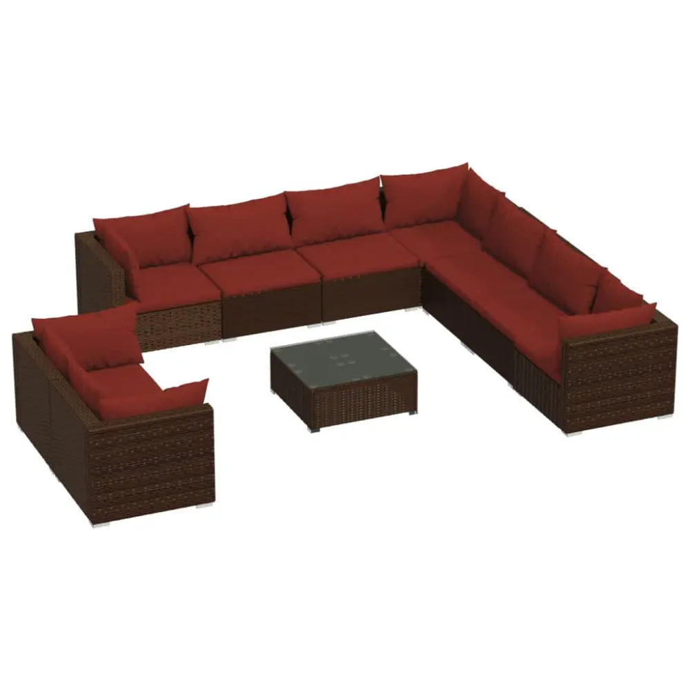 10 Piece Patio Lounge Set Cushions Brown Poly Rattan Outdoor Furniture