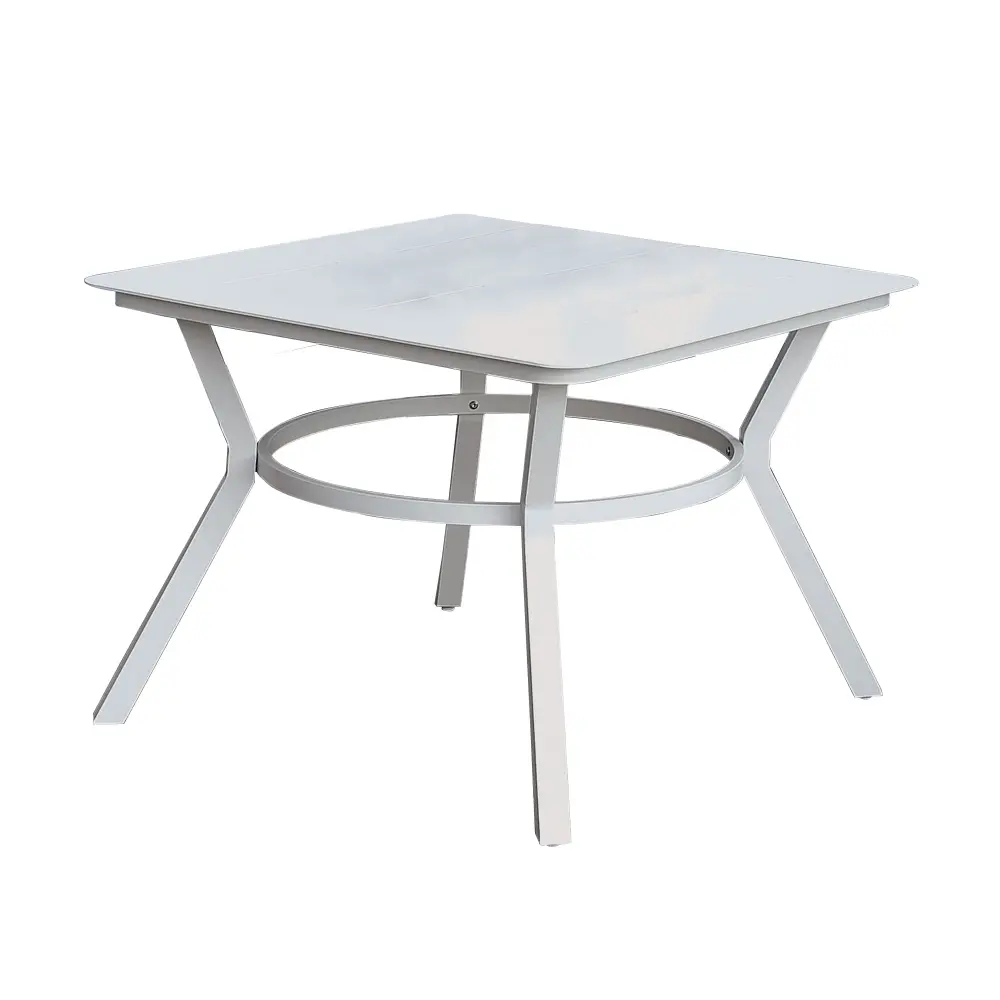 White Plank Top Aluminum Patio Table Flared Legs Outdoor Dining royal hampton