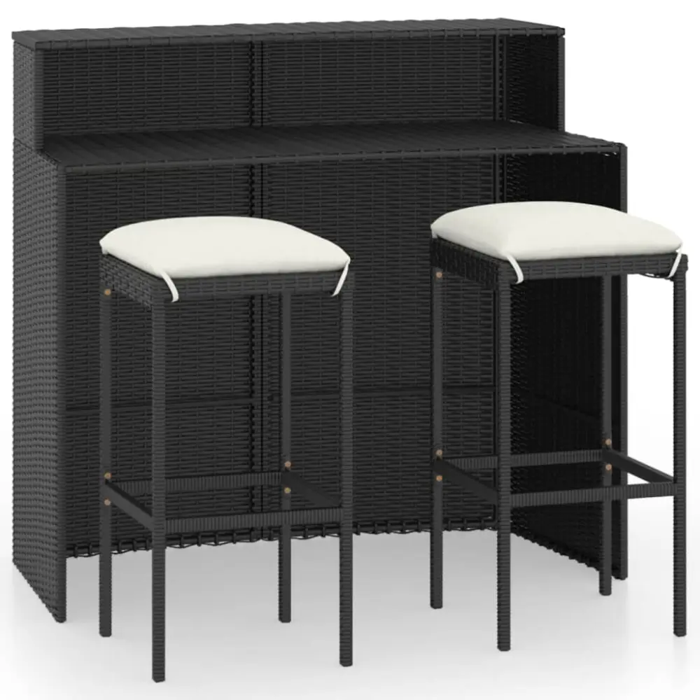 3 Piece Patio Bar Set Cushions Black Outdoor Bistro Table and Stools