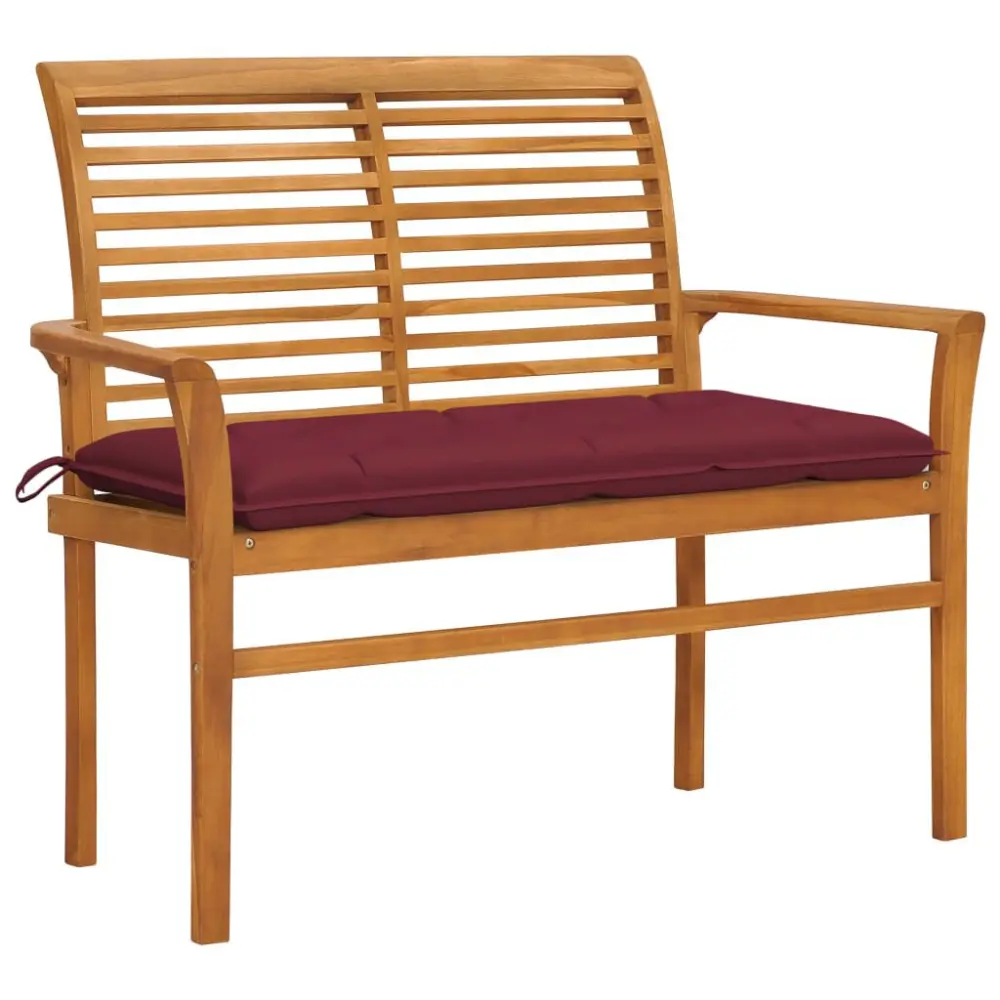 Patio Bench Wine Red Cushion 44.1 Inches Solid Teak Wood Outdoor Seating