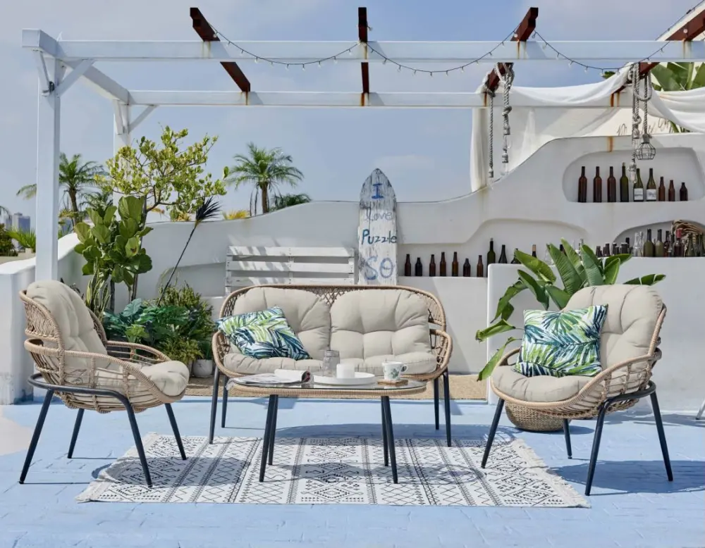 Belize 4 Piece Natural Rattan Outdoor Conversation Set Beige Cushions singularity