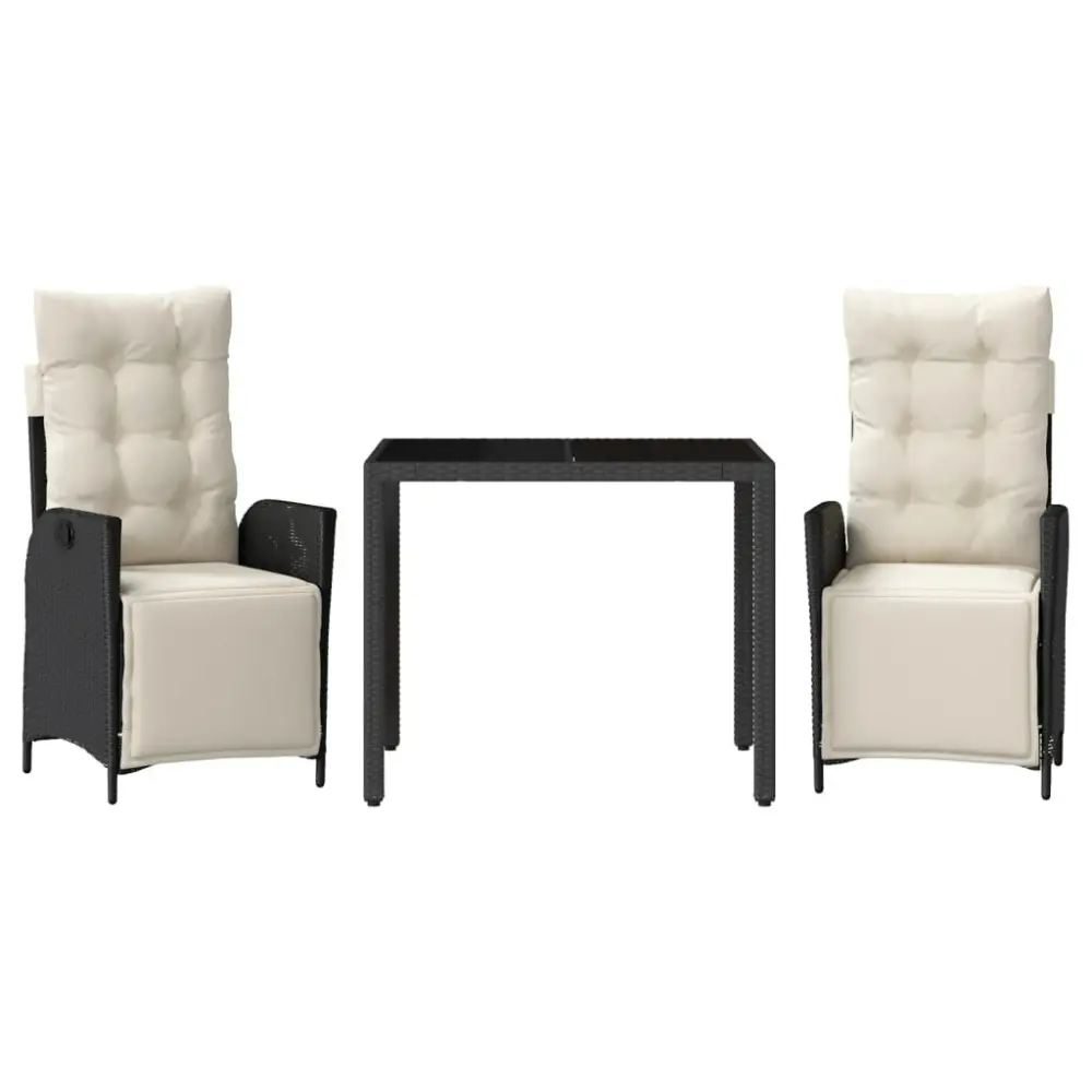 3 Piece Black Poly Rattan Patio Dining Set Cushions Bistro Table and Chairs