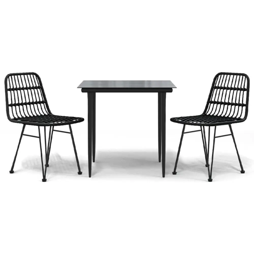 3 Piece Patio Dining Set Black Poly Rattan Outdoor Bistro Table and Chairs