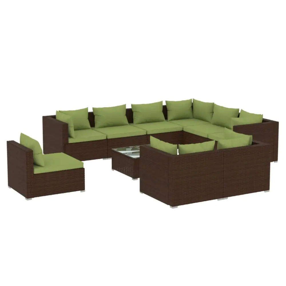 10 Piece Brown Poly Rattan Patio Lounge Set Cushions