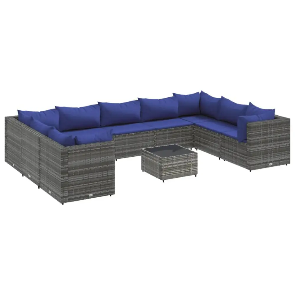 10 Piece Gray Poly Rattan Patio Lounge Set Cushions
