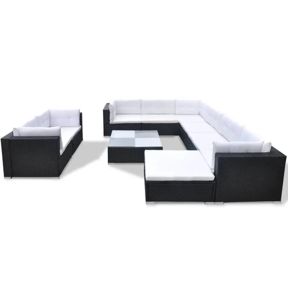 10 Piece Patio Lounge Set Cushions Poly Rattan Black Outdoor Furniture