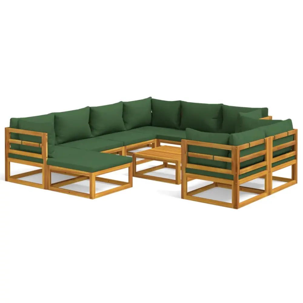 10 Piece Solid Wood Patio Lounge Set Green Cushions Outdoor Furniture Collection