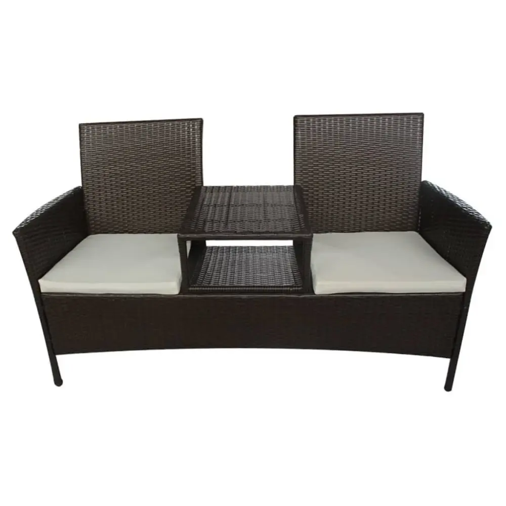 2-Seater Patio Sofa Tea Table Poly Rattan Brown Outdoor Furniture