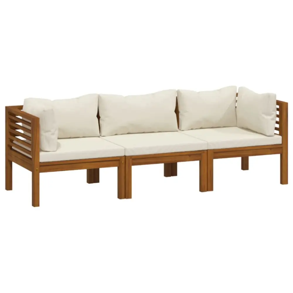 3-Seater Patio Sofa Cream Cushions Solid Acacia Wood Outdoor Furniture