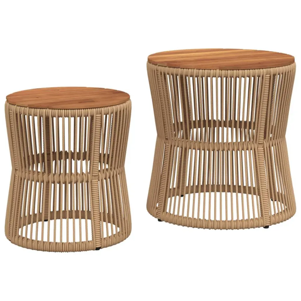 2 Piece Patio Side Tables Wooden Top Beige Poly Rattan Outdoor Furniture