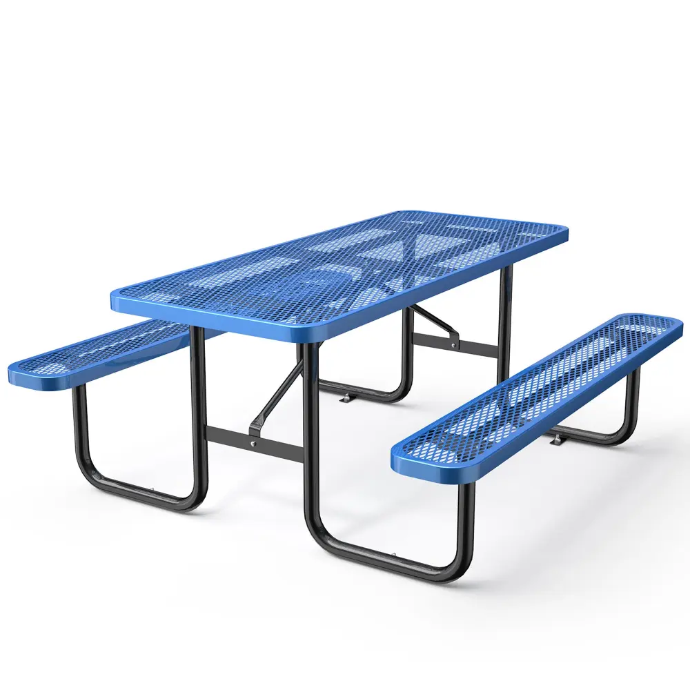 72 Inch Expanded Metallic Rectangular Picnic Table Blue Alloy Metal Outdoor Dining chery
