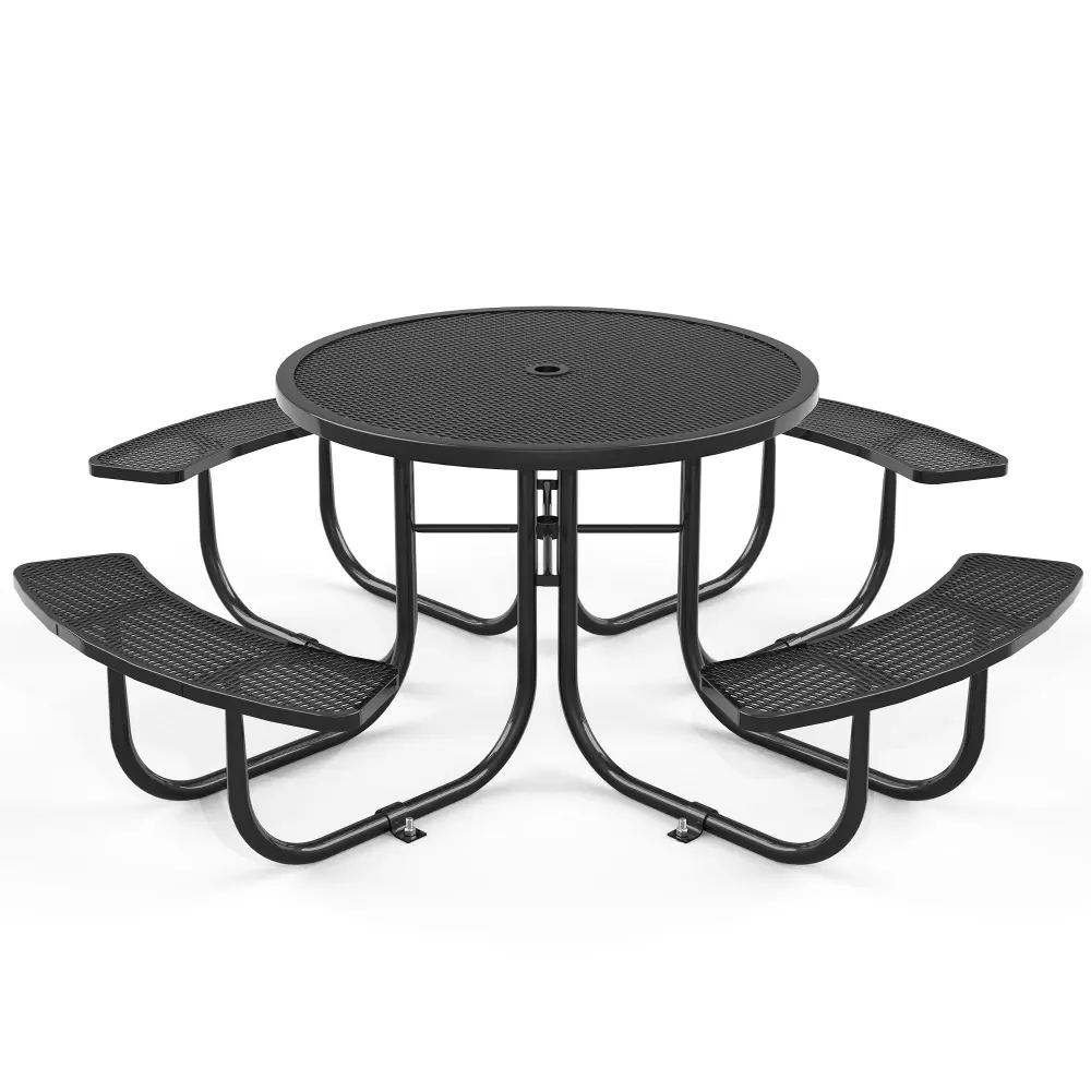 Round Outdoor Alloy Metal Picnic Table 46 Inch Umbrella Pole Black chery