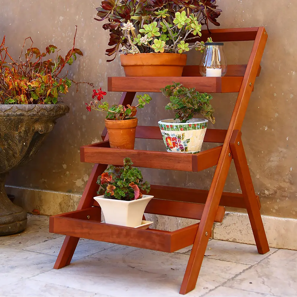 Malibu Outdoor Three Layer Wood Garden Plant Stand Brown Solid Wood Shelf vifah