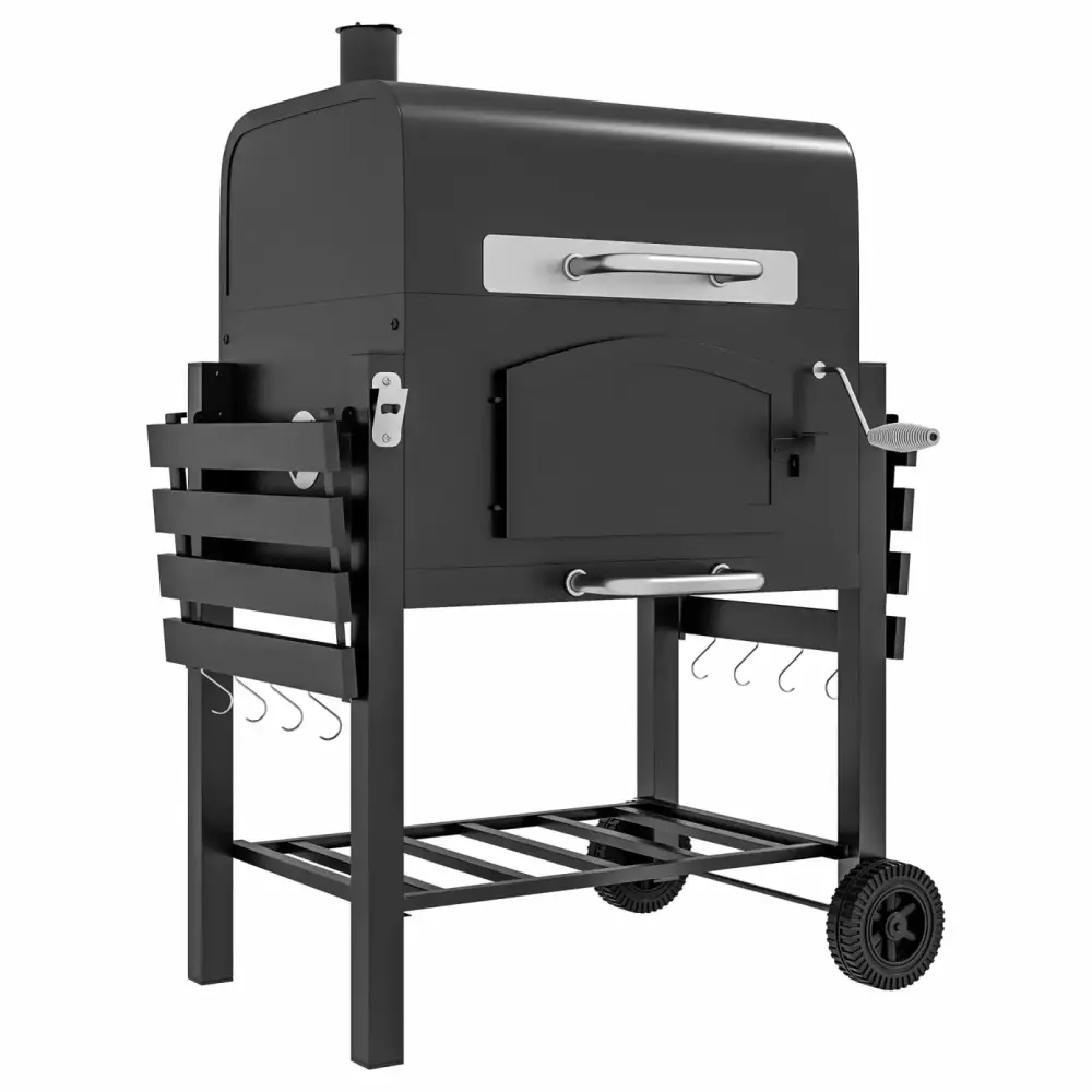 48.8 Charcoal Grill BBQ Adjustable Height Travel-friendly Folding Shelves Thermometer Wheels Black JAMPOOCA