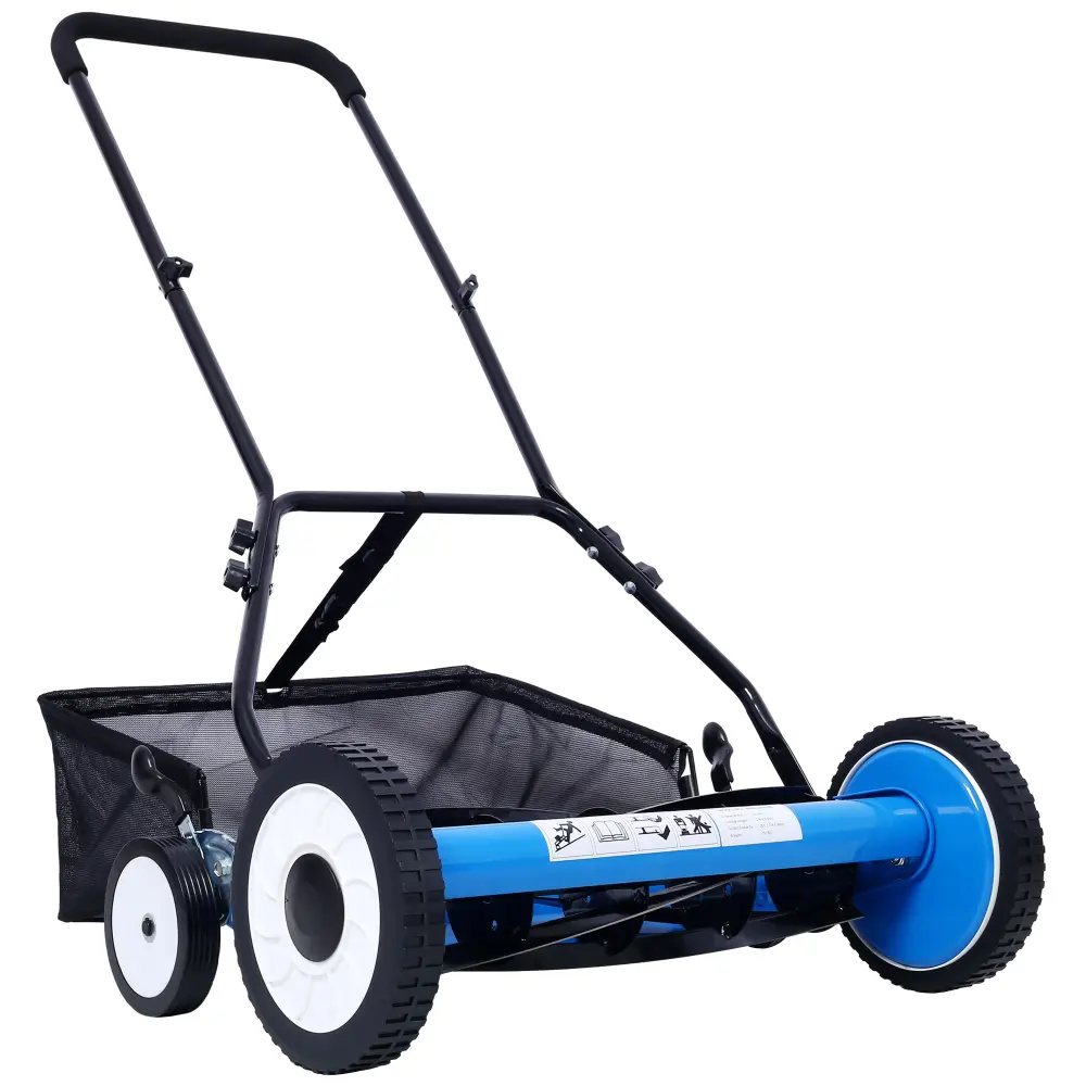 20 Inch 5 Blade Push Reel Lawn Mower Grass Catcher and 4 Wheels Blue g-h