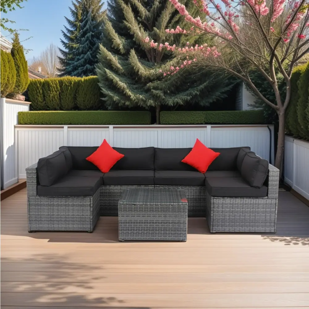5 Pieces PE Rattan Sectional Outdoor Furniture Cushioned U Sofa Set eelifee