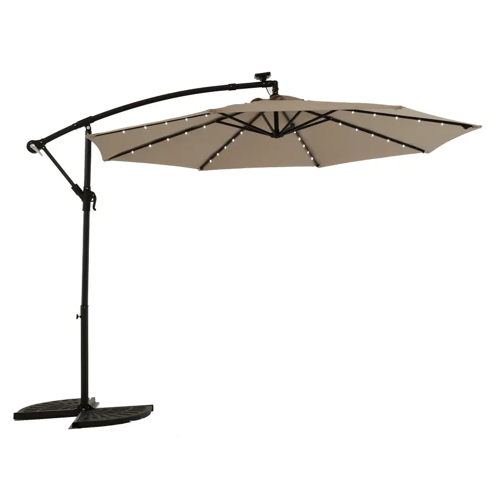 10Ft Solar LED Offset Hanging Market Patio Umbrella Khaki No Garage hifine outdoor furniture w-640