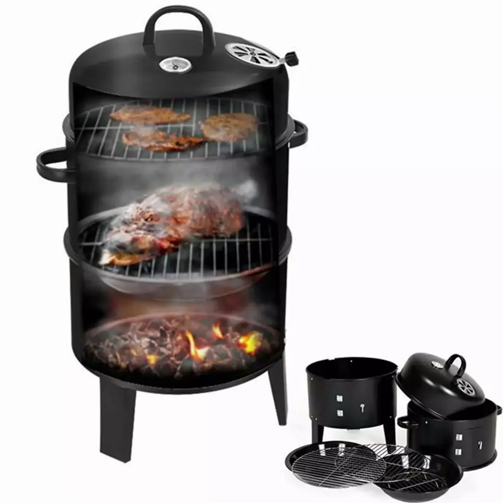 FOCUSSEXY 3 1 Vertical Charcoal BBQ Smoker Round Barbecue Grill 2 Cooking Areas and Thermometer