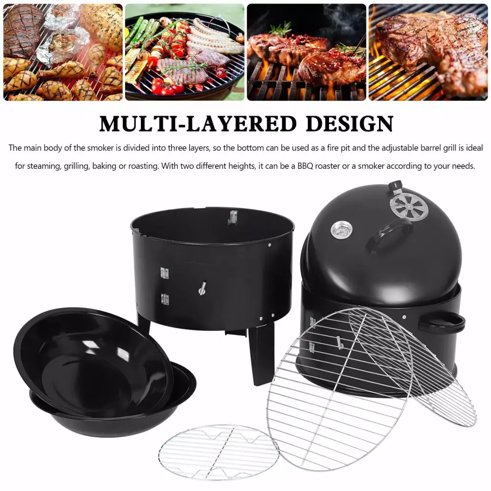 Detachable 3--1 Vertical Charcoal Smoker Travel-friendly BBQ Smoker Grill Outdoor Cooking Mad Hornets