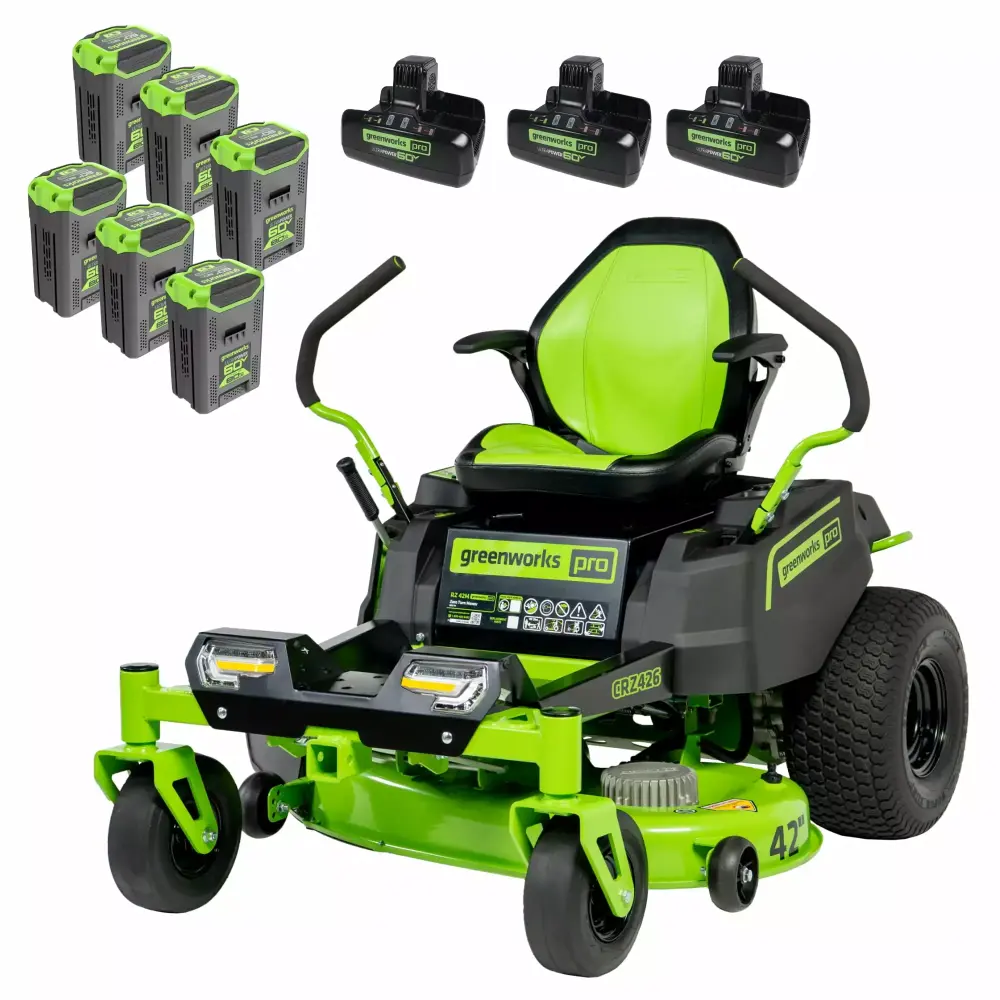 Greenworks 60V 42 Cordless Battery Crossover-Z Zero Turn Riding Lawn Mower + (6) 8Ah Batteries & (3) Dual Port Turbo Charg...